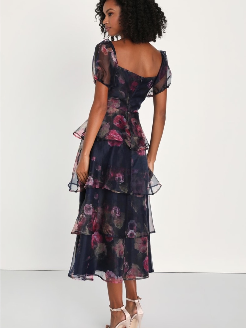 NWT Lulus Oh-So Stunning Navy Blue Floral Organza Tiered Midi Dress - Picture 5 of 9